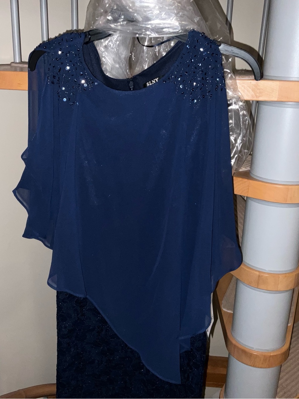 Macy's Navy Beaded Asymmetrical Chiffon Evening Dress